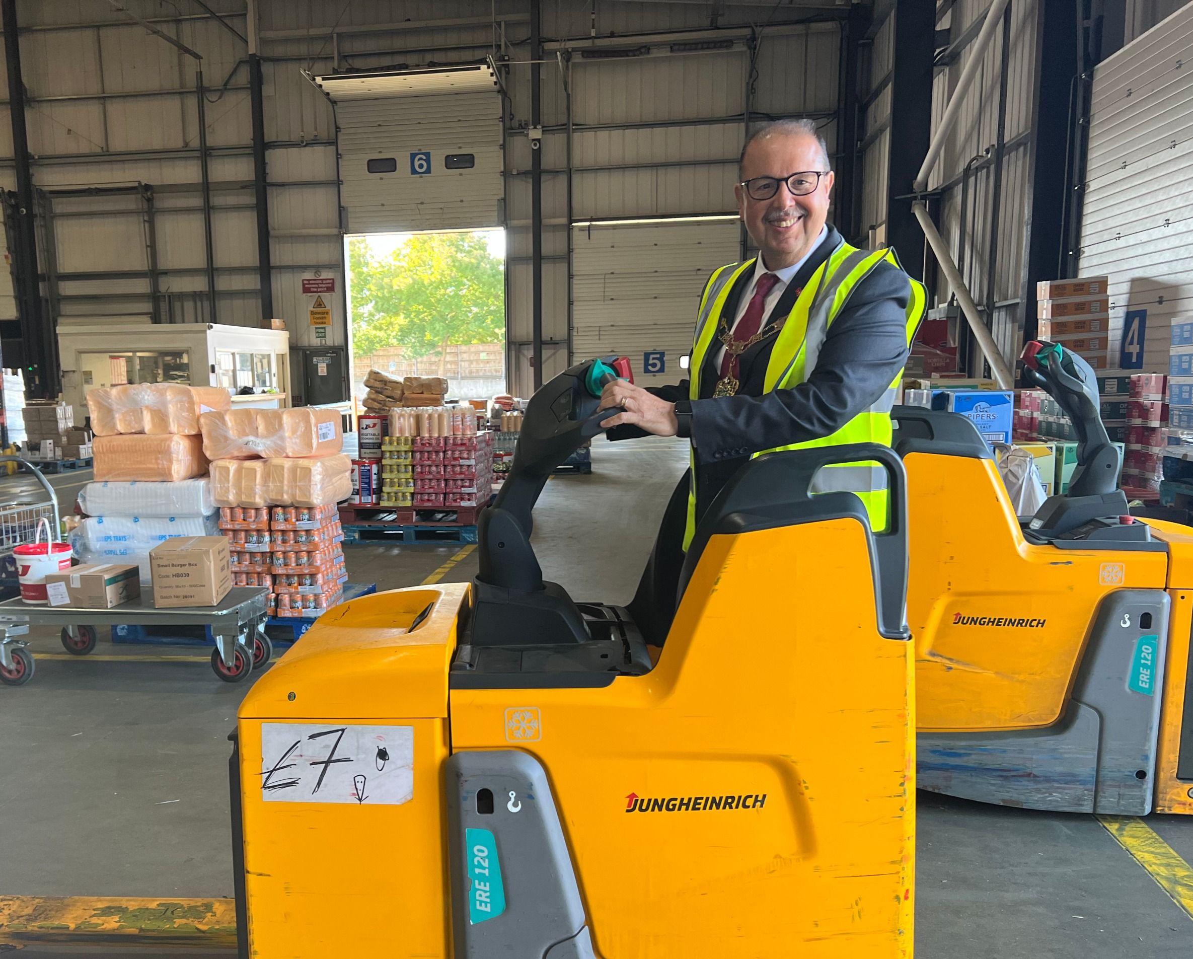 Do not try this at home –&nbsp;Mr Mayor sits in an electronic warehouse vehicle 